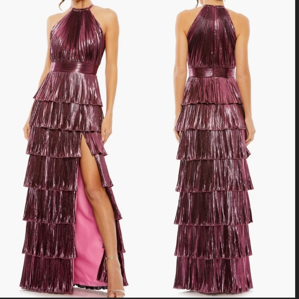Mac Duggal Pleated Ruffle Rose Metallic Halter Gown sz 14